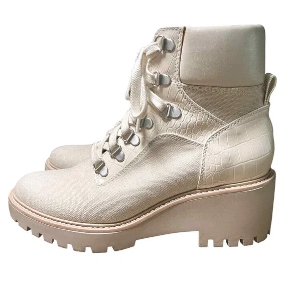 Dolce Vita Hank Canvas Chunky Heel‎ Combat Boots Lace Zip Creme Size 8.5 - Picture 3 of 10